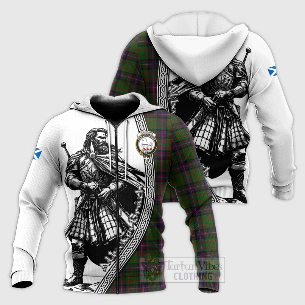 Tartan Vibes Clothing Cochrane Tartan Clan Crest Knitted Hoodie with Highlander Warrior Celtic Style