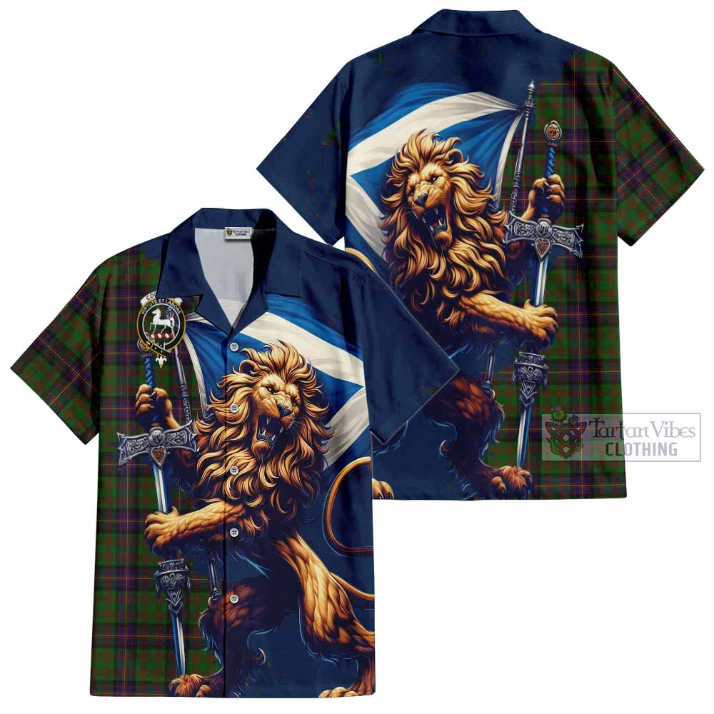 Tartan Vibes Clothing Cochrane Tartan Family Crest Short Sleeve Button Shirt with Scottish Majestic Lion