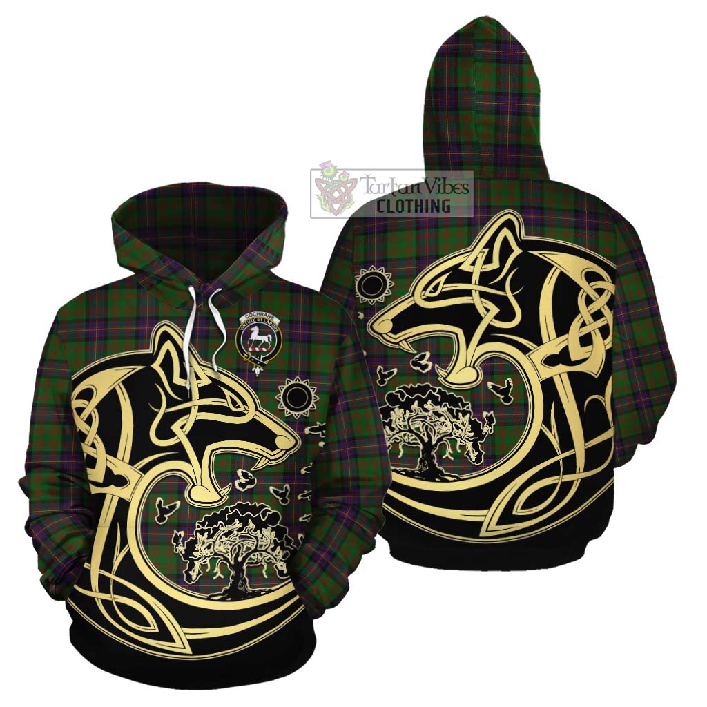 Tartan Vibes Clothing Cochrane Tartan Cotton Hoodie with Family Crest Celtic Wolf Style