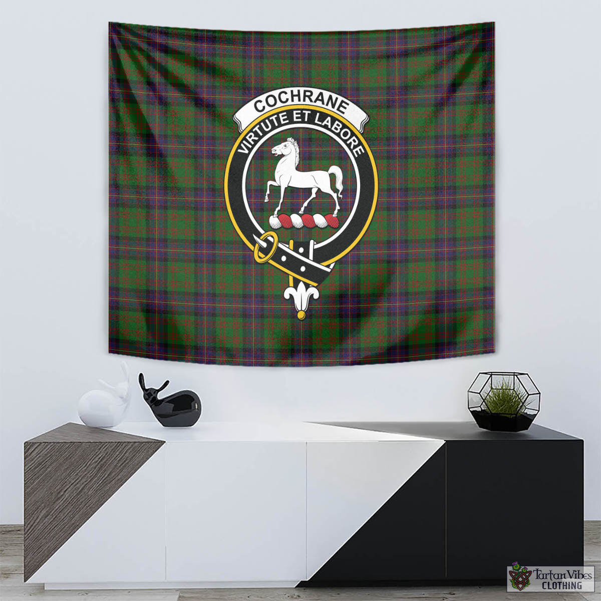 Tartan Vibes Clothing Cochrane Tartan Tapestry Wall Hanging and Home Decor for Room with Family Crest