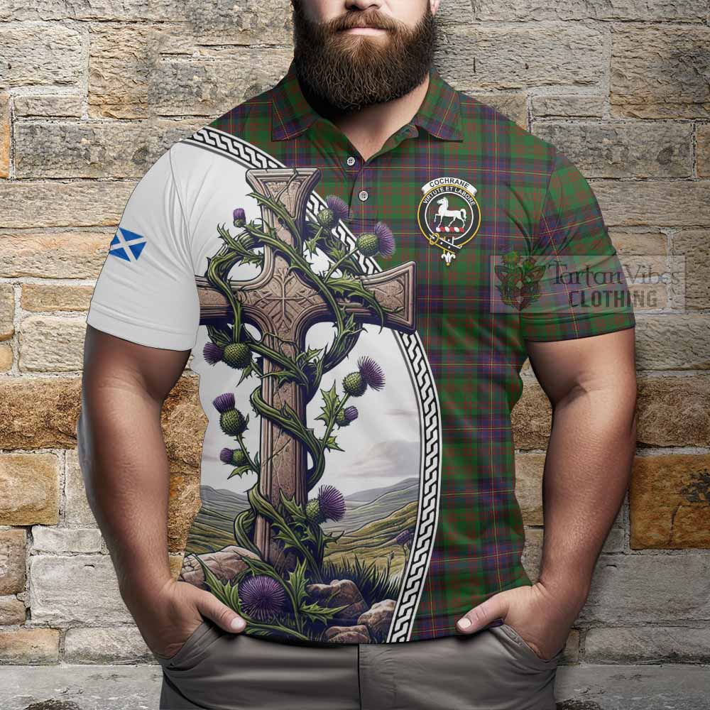 Tartan Vibes Clothing Cochrane Tartan Polo Shirt with Family Crest and St. Andrew's Cross Accented by Thistle Vines