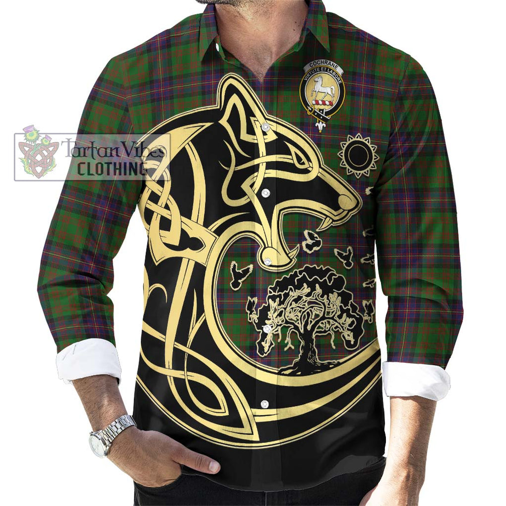 Cochrane Tartan Long Sleeve Button Shirt with Family Crest Celtic Wolf Style - Tartan Vibes Clothing