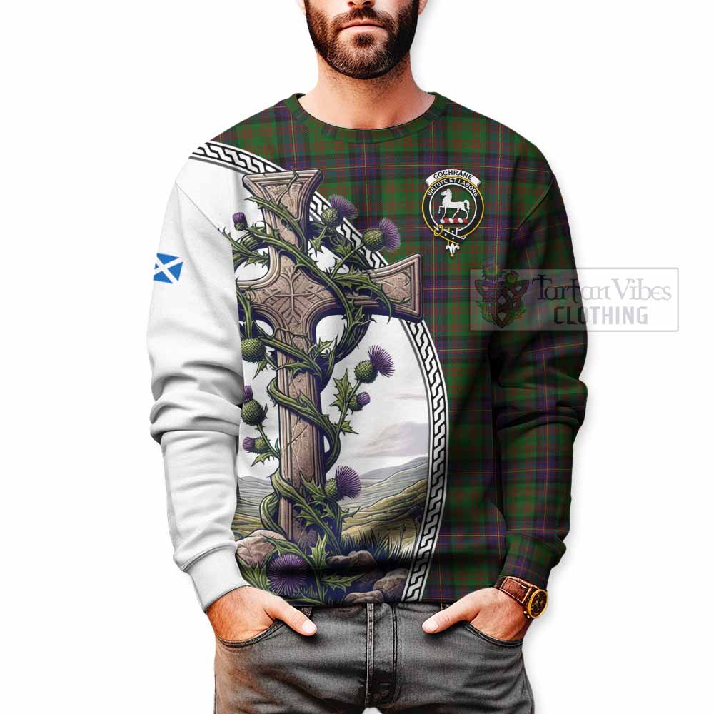 Tartan Vibes Clothing Cochrane Tartan Sweatshirt with Family Crest and St. Andrew's Cross Accented by Thistle Vines