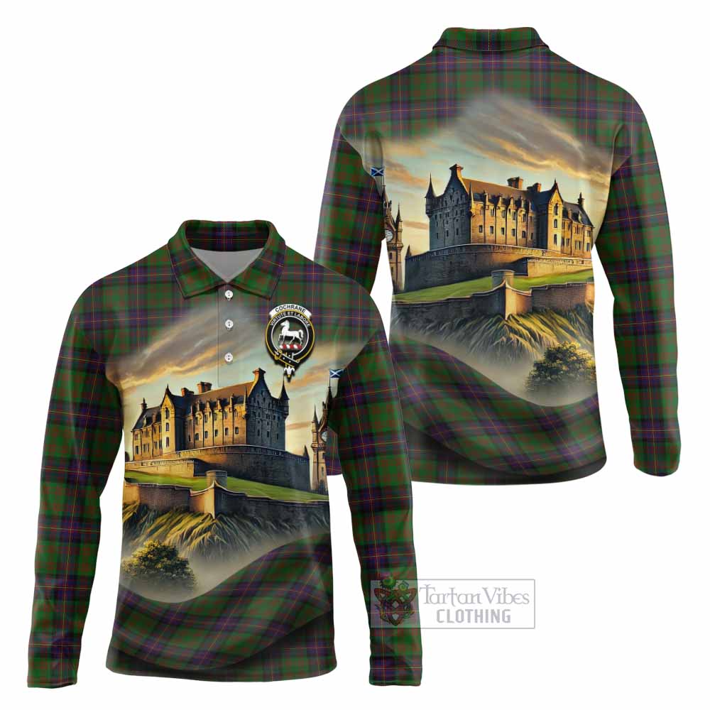 Cochrane Tartan Family Crest Long Sleeve Polo Shirt with Scottish Ancient Castle Style - Tartan Vibes Clothing