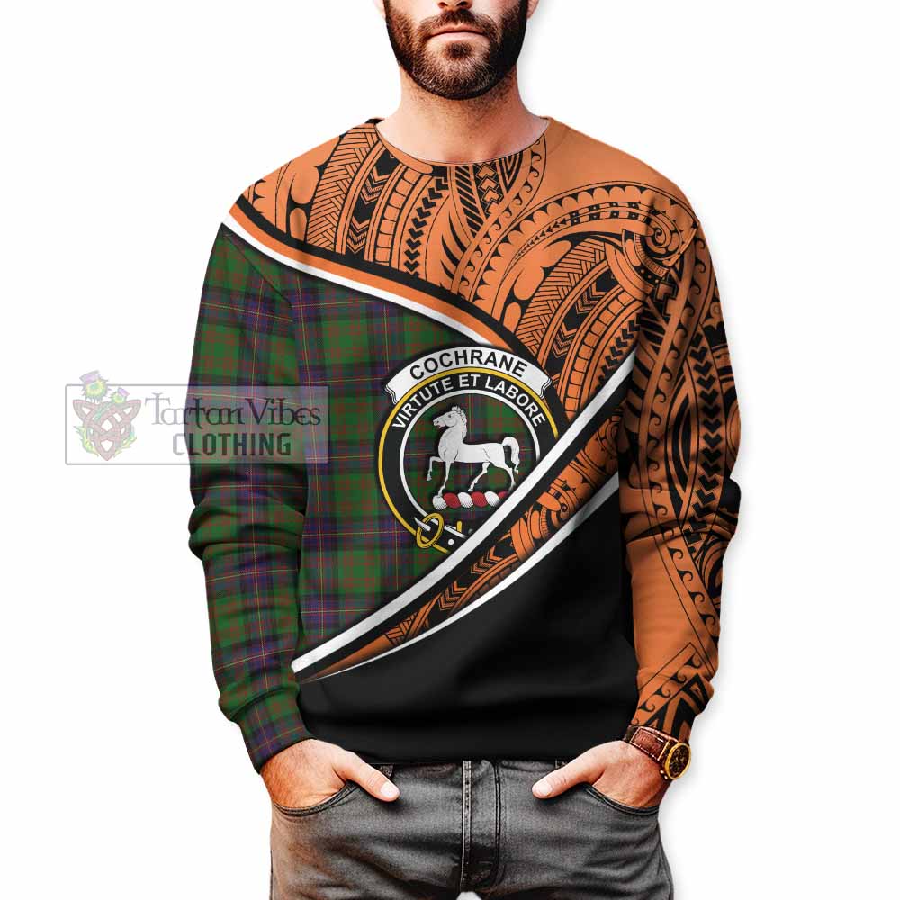 Tartan Vibes Clothing Cochrane Crest Tartan Sweatshirt with Maori Tattoo Style - Orange Version