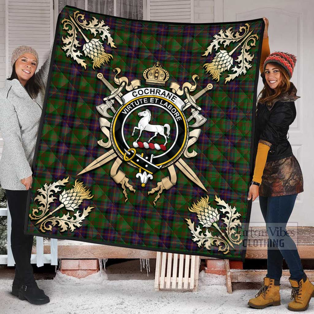 Tartan Vibes Clothing Cochrane Tartan Quilt with Family Crest and Scottish Golden Courage Shield