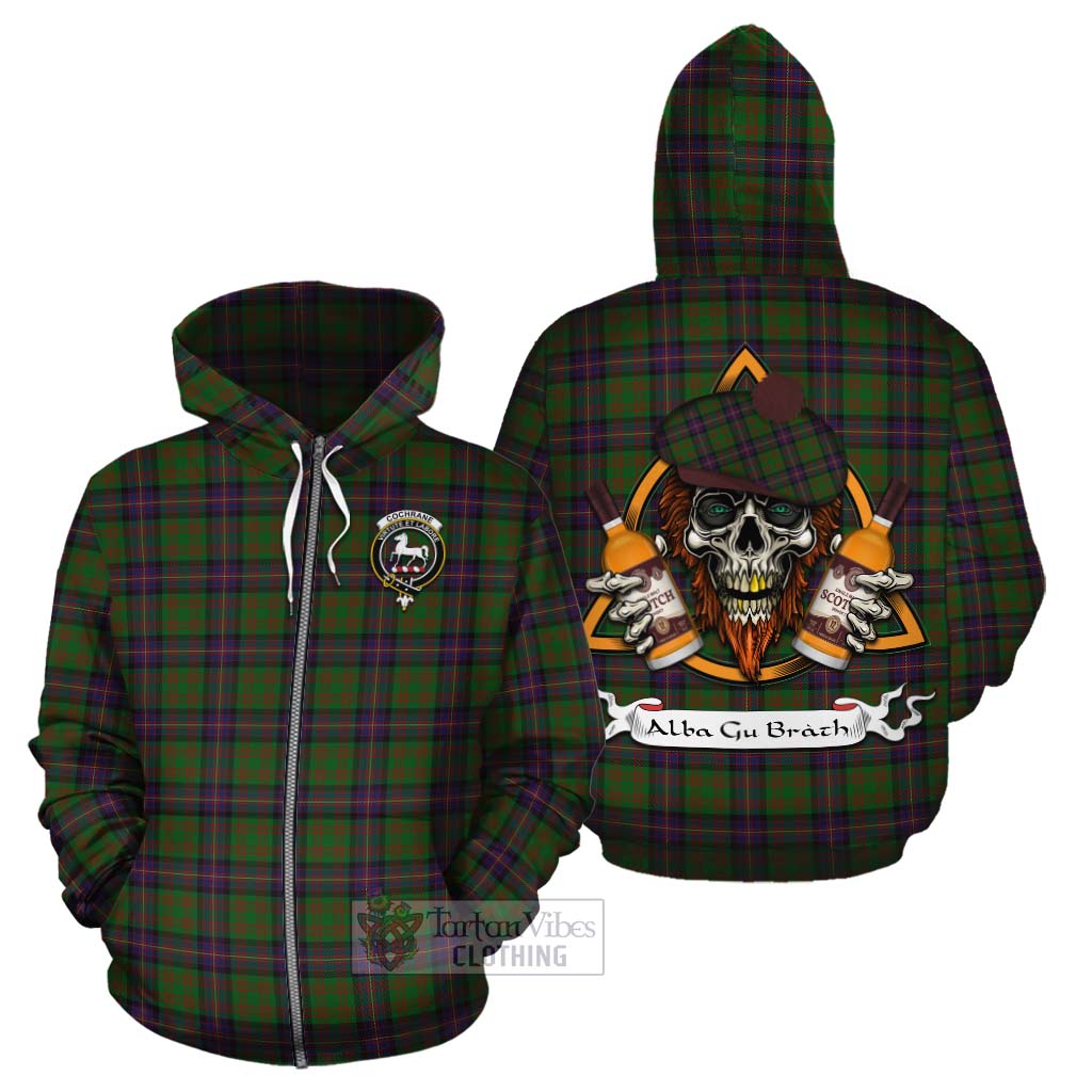 Tartan Vibes Clothing Cochrane Tartan Cotton Hoodie with Family Crest and Bearded Skull Holding Bottles of Whiskey