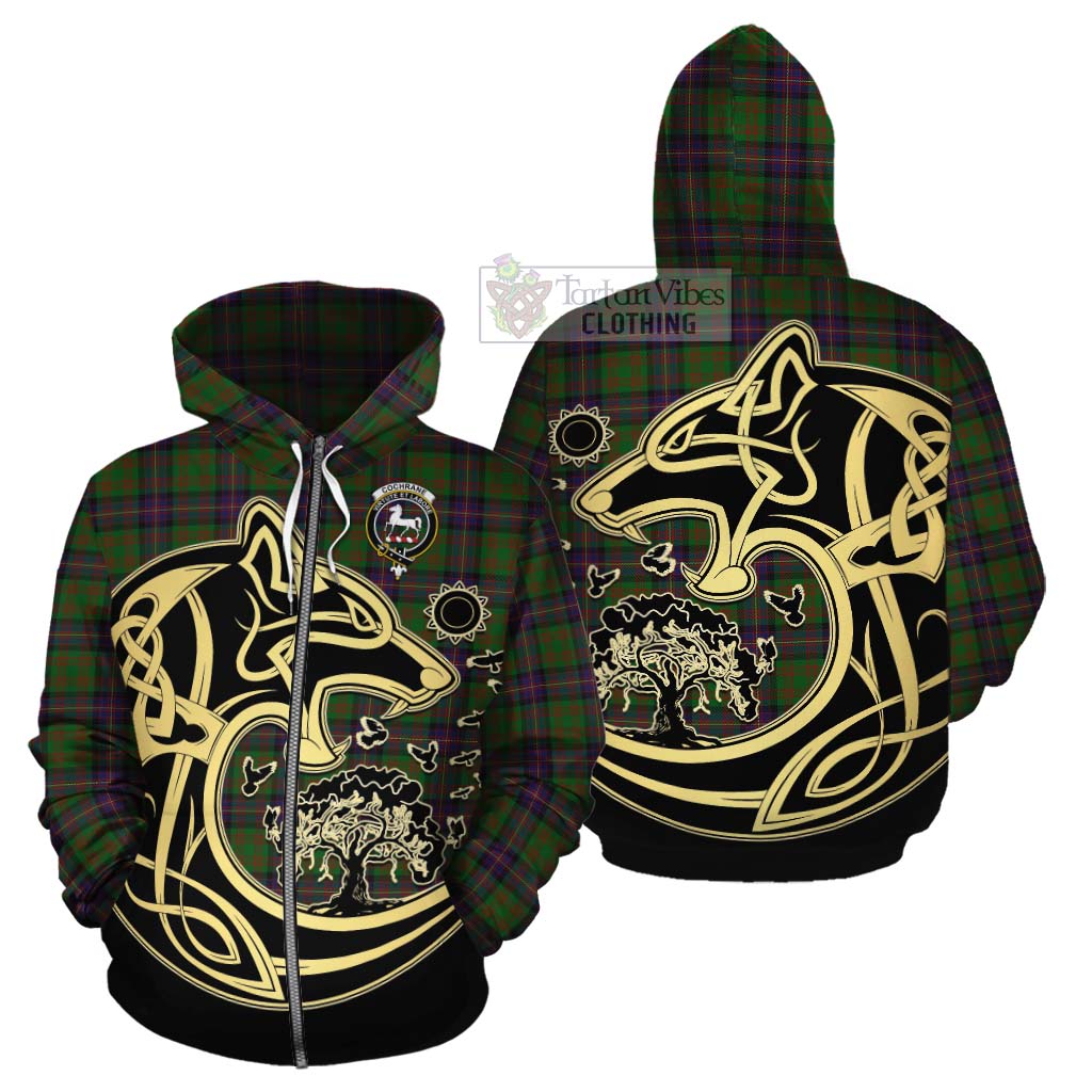 Tartan Vibes Clothing Cochrane Tartan Cotton Hoodie with Family Crest Celtic Wolf Style