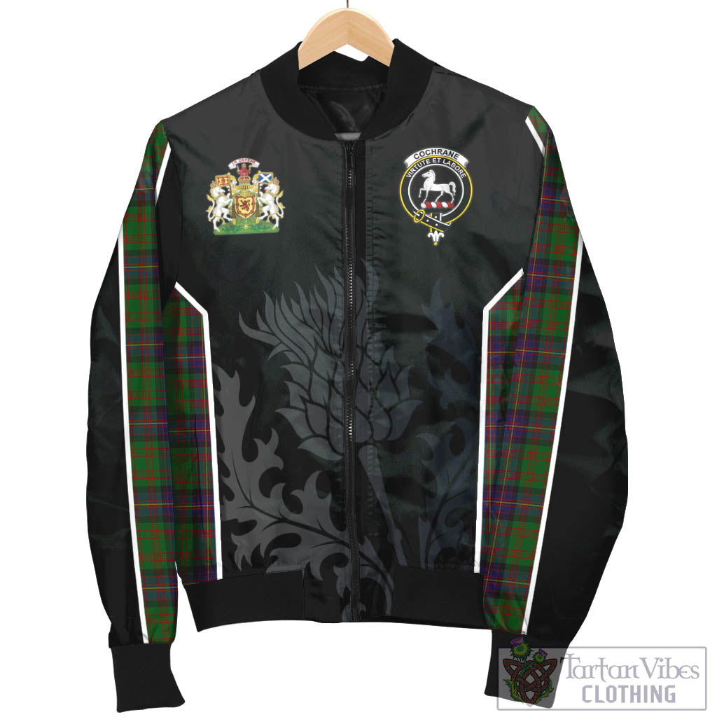 Tartan Vibes Clothing Cochrane Tartan Bomber Jacket with Family Crest and Scottish Thistle Vibes Sport Style