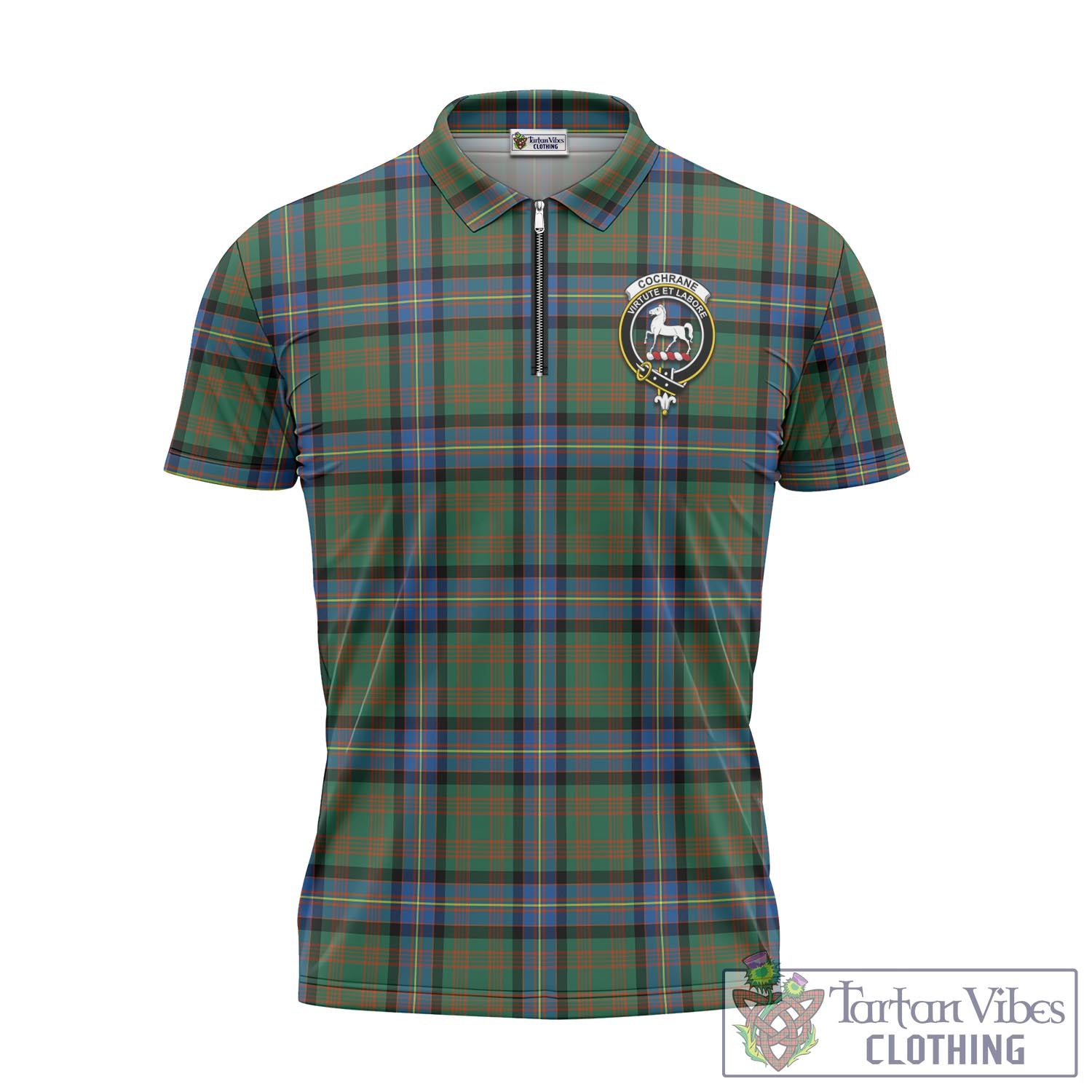 Tartan Vibes Clothing Cochrane Ancient Tartan Zipper Polo Shirt with Family Crest