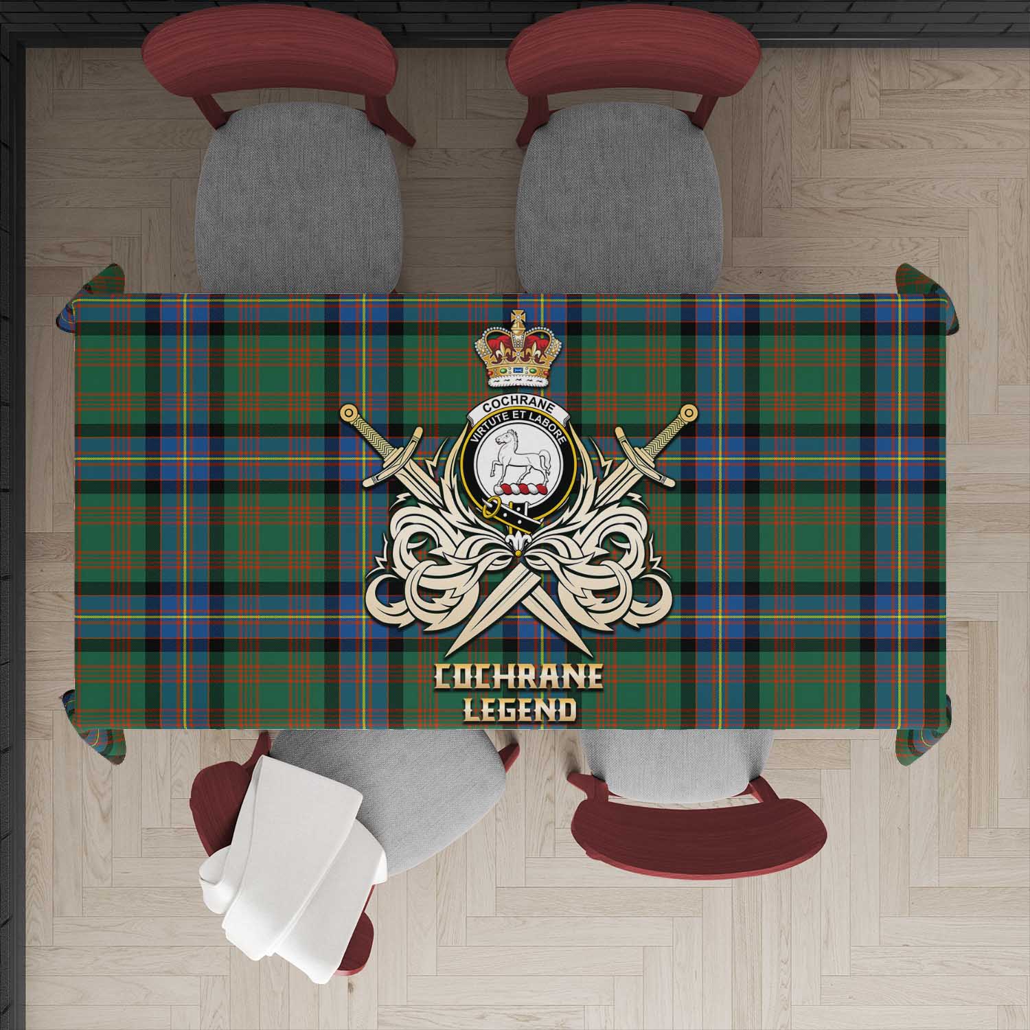 Tartan Vibes Clothing Cochrane Ancient Tartan Tablecloth with Clan Crest and the Golden Sword of Courageous Legacy