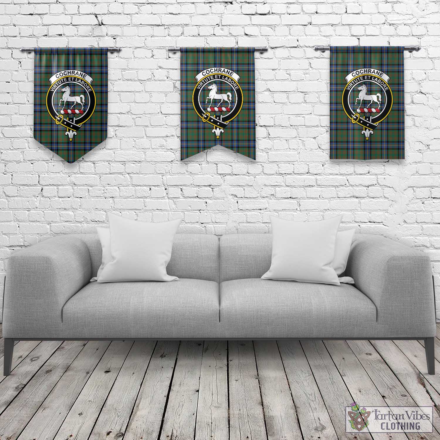 Tartan Vibes Clothing Cochrane Ancient Tartan Gonfalon, Tartan Banner with Family Crest