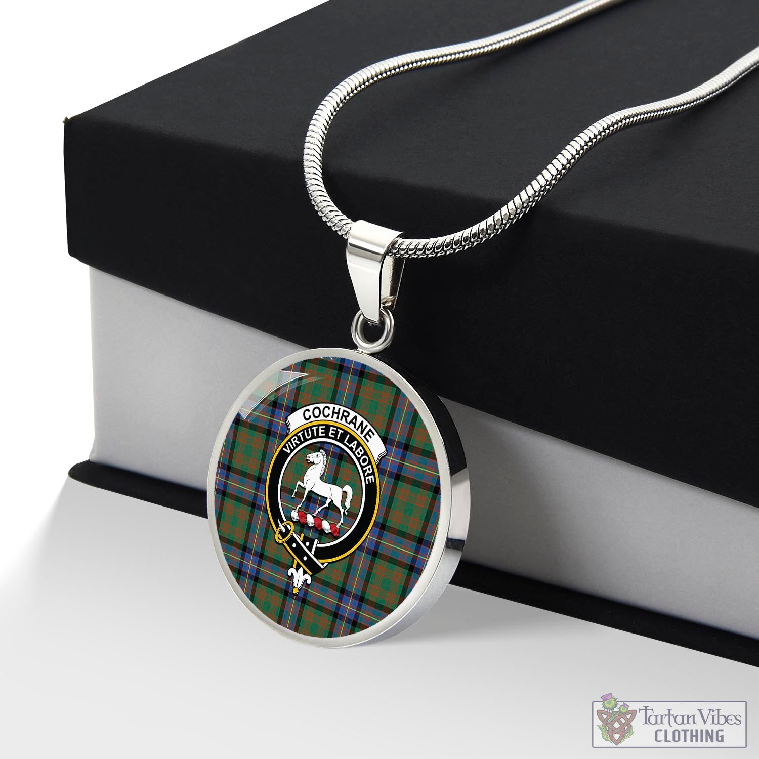 Tartan Vibes Clothing Cochrane Ancient Tartan Circle Necklace with Family Crest