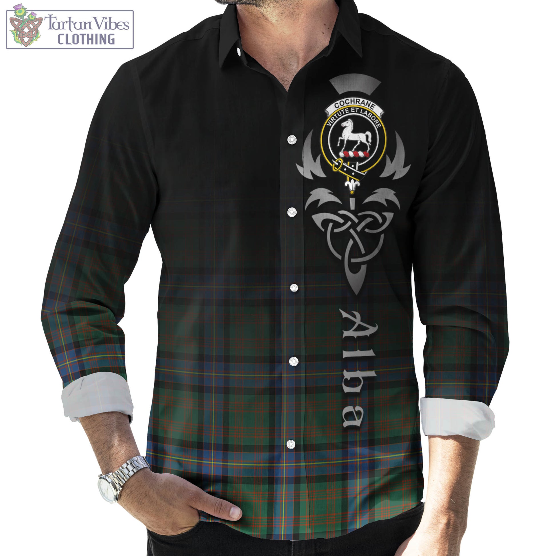 Tartan Vibes Clothing Cochrane Ancient Tartan Long Sleeve Button Up Featuring Alba Gu Brath Family Crest Celtic Inspired