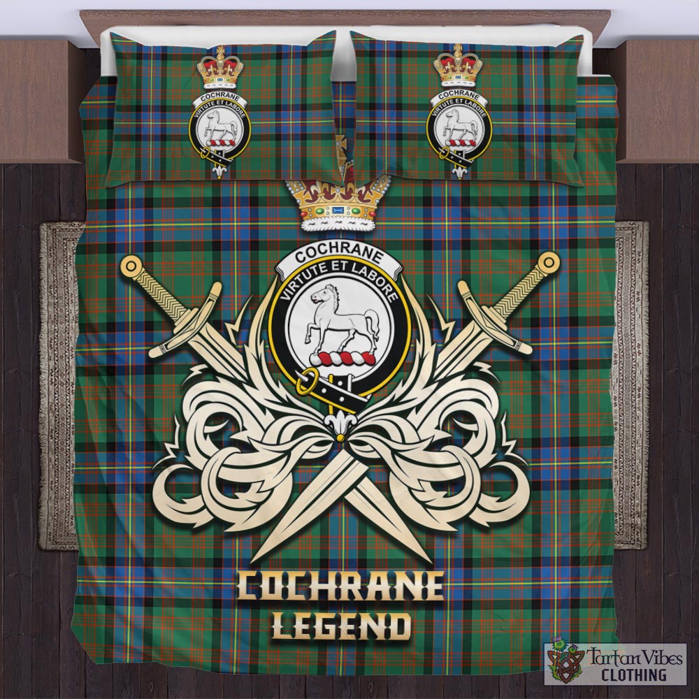 Tartan Vibes Clothing Cochrane Ancient Tartan Bedding Set with Clan Crest and the Golden Sword of Courageous Legacy