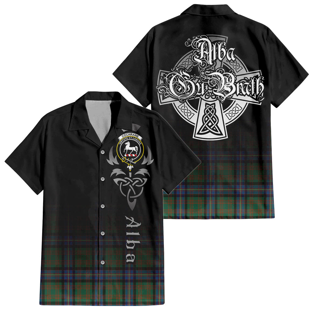 Tartan Vibes Clothing Cochrane Ancient Tartan Short Sleeve Button Up Featuring Alba Gu Brath Family Crest Celtic Inspired