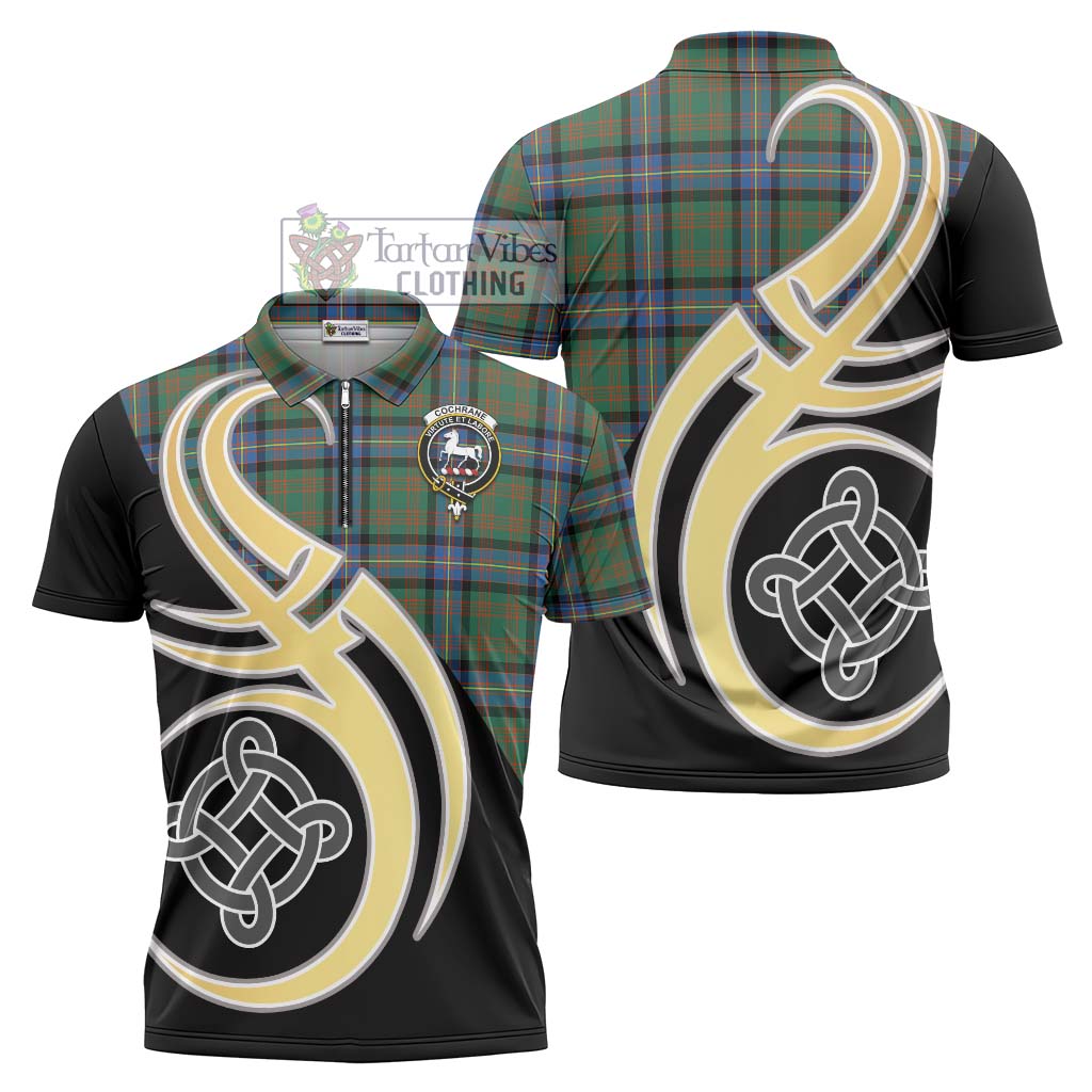 Tartan Vibes Clothing Cochrane Ancient Tartan Zipper Polo Shirt with Family Crest and Celtic Symbol Style