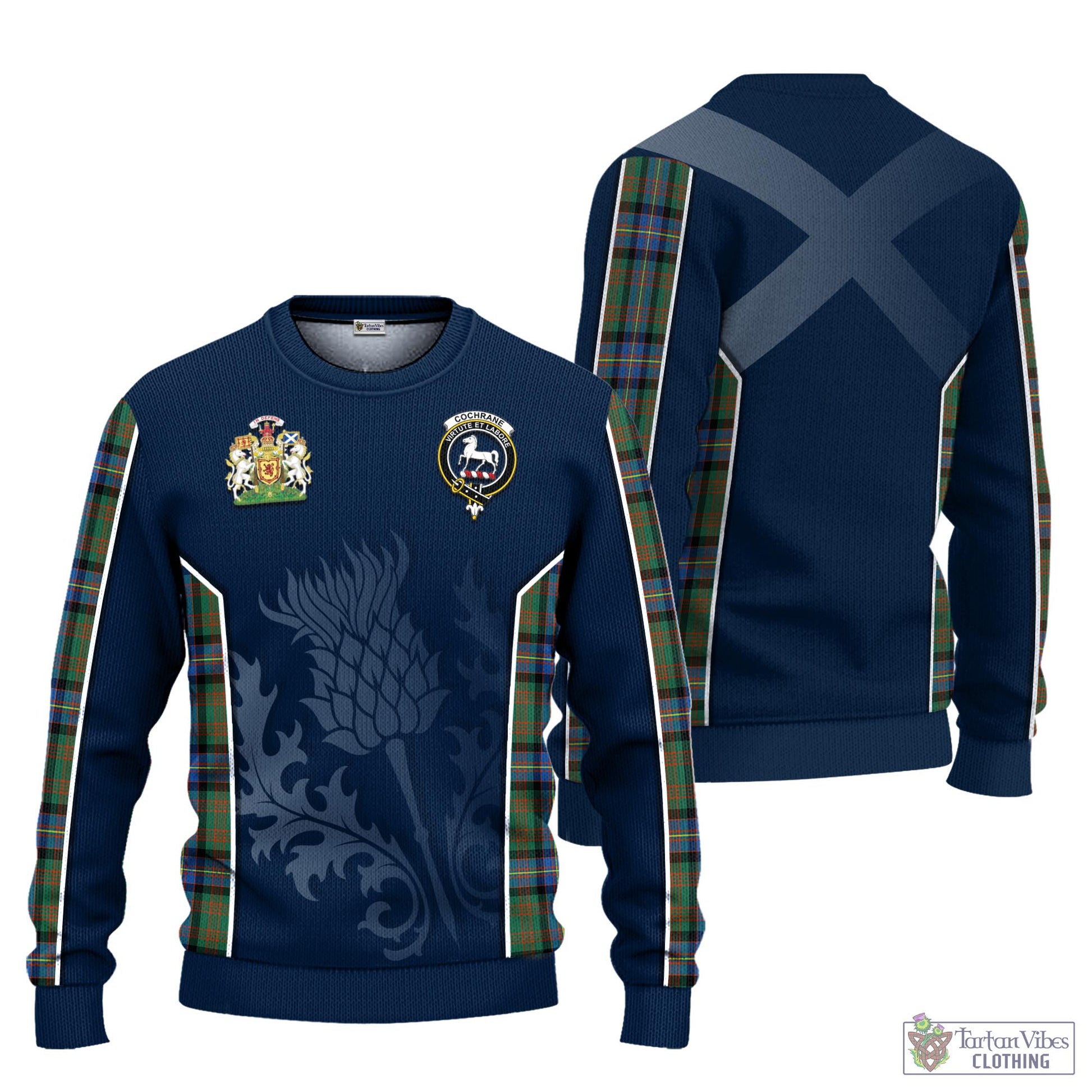 Tartan Vibes Clothing Cochrane Ancient Tartan Knitted Sweatshirt with Family Crest and Scottish Thistle Vibes Sport Style