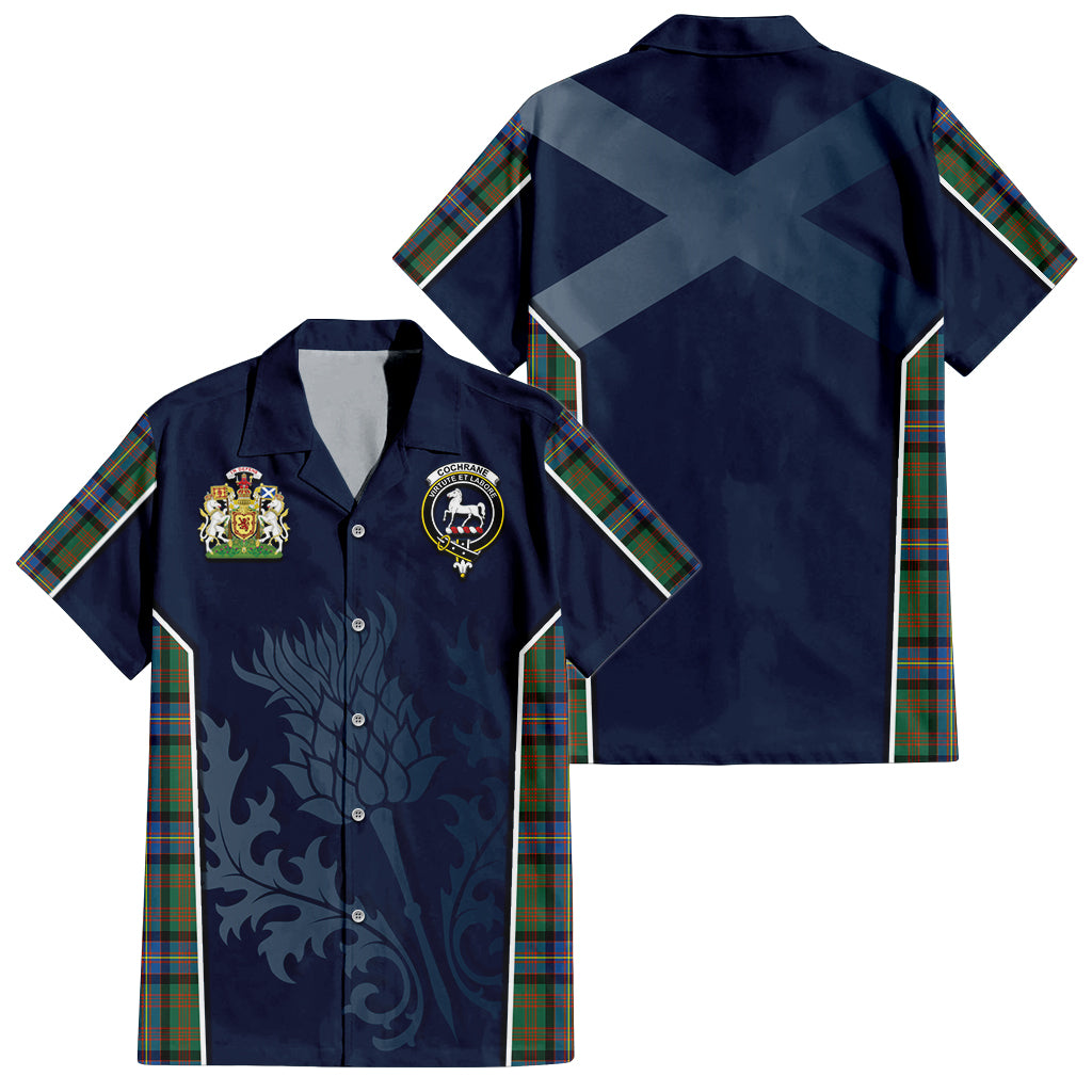 Tartan Vibes Clothing Cochrane Ancient Tartan Short Sleeve Button Up Shirt with Family Crest and Scottish Thistle Vibes Sport Style