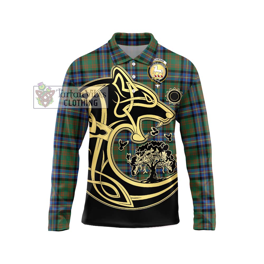 Cochrane Ancient Tartan Long Sleeve Polo Shirt with Family Crest Celtic Wolf Style Unisex - Tartanvibesclothing Shop