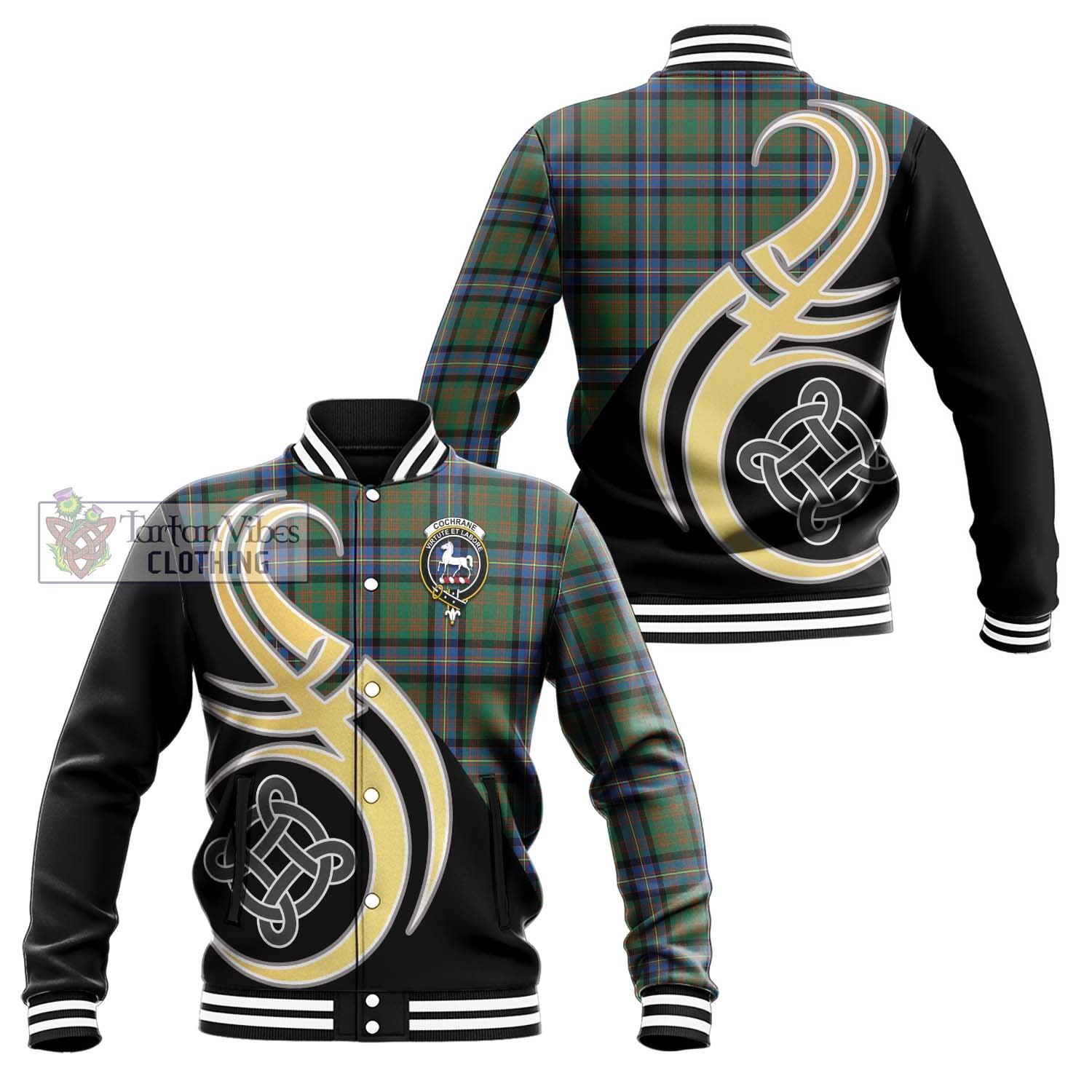 Cochrane Ancient Tartan Baseball Jacket with Family Crest and Celtic Symbol Style Unisex - Tartan Vibes Clothing