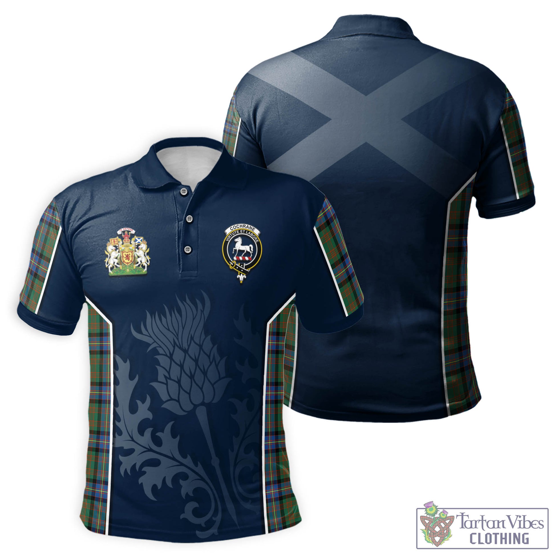 Tartan Vibes Clothing Cochrane Ancient Tartan Men's Polo Shirt with Family Crest and Scottish Thistle Vibes Sport Style