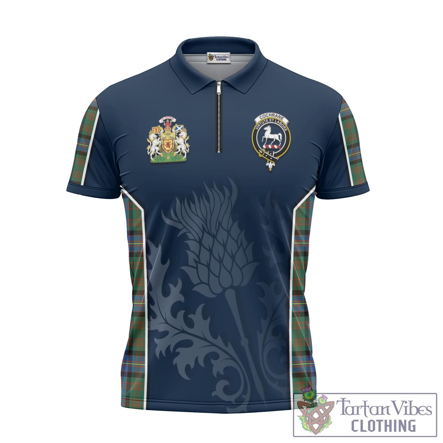 Tartan Vibes Clothing Cochrane Ancient Tartan Zipper Polo Shirt with Family Crest and Scottish Thistle Vibes Sport Style