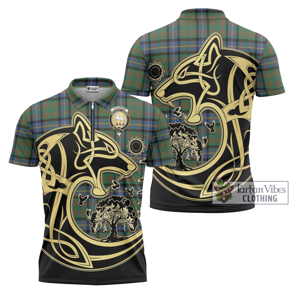 Cochrane Ancient Tartan Zipper Polo Shirt with Family Crest Celtic Wolf Style Unisex - Tartanvibesclothing Shop