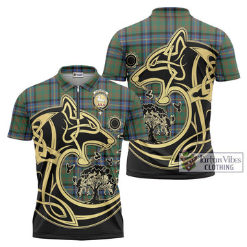 Cochrane Ancient Tartan Zipper Polo Shirt with Family Crest Celtic Wolf Style