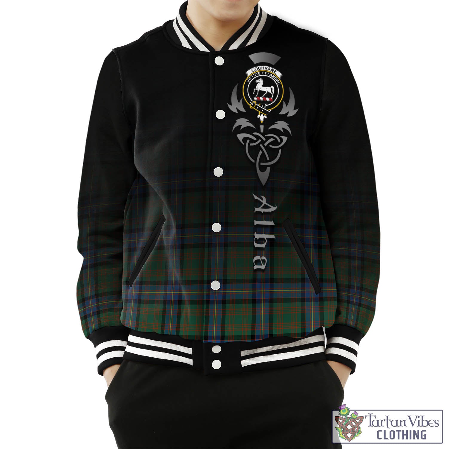 Tartan Vibes Clothing Cochrane Ancient Tartan Baseball Jacket Featuring Alba Gu Brath Family Crest Celtic Inspired