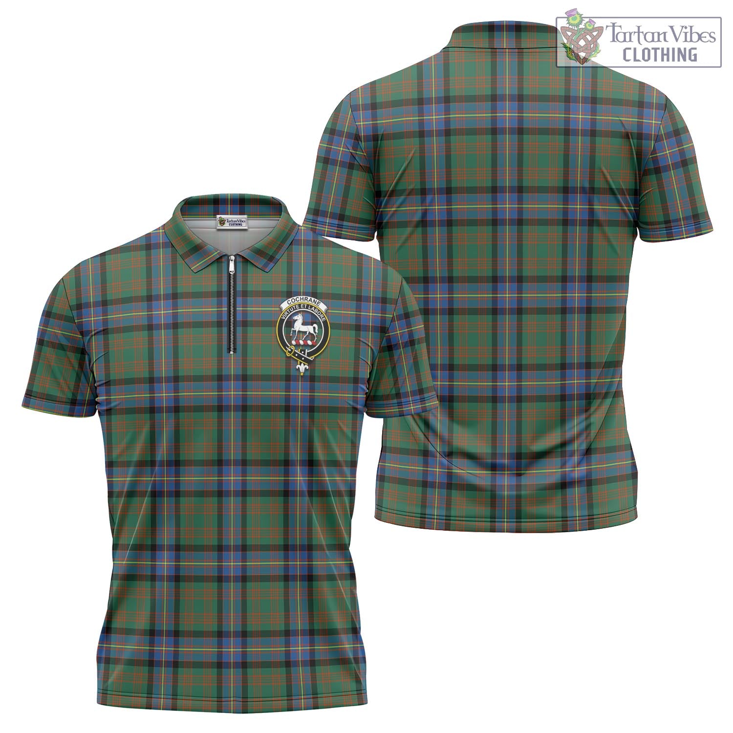 Tartan Vibes Clothing Cochrane Ancient Tartan Zipper Polo Shirt with Family Crest