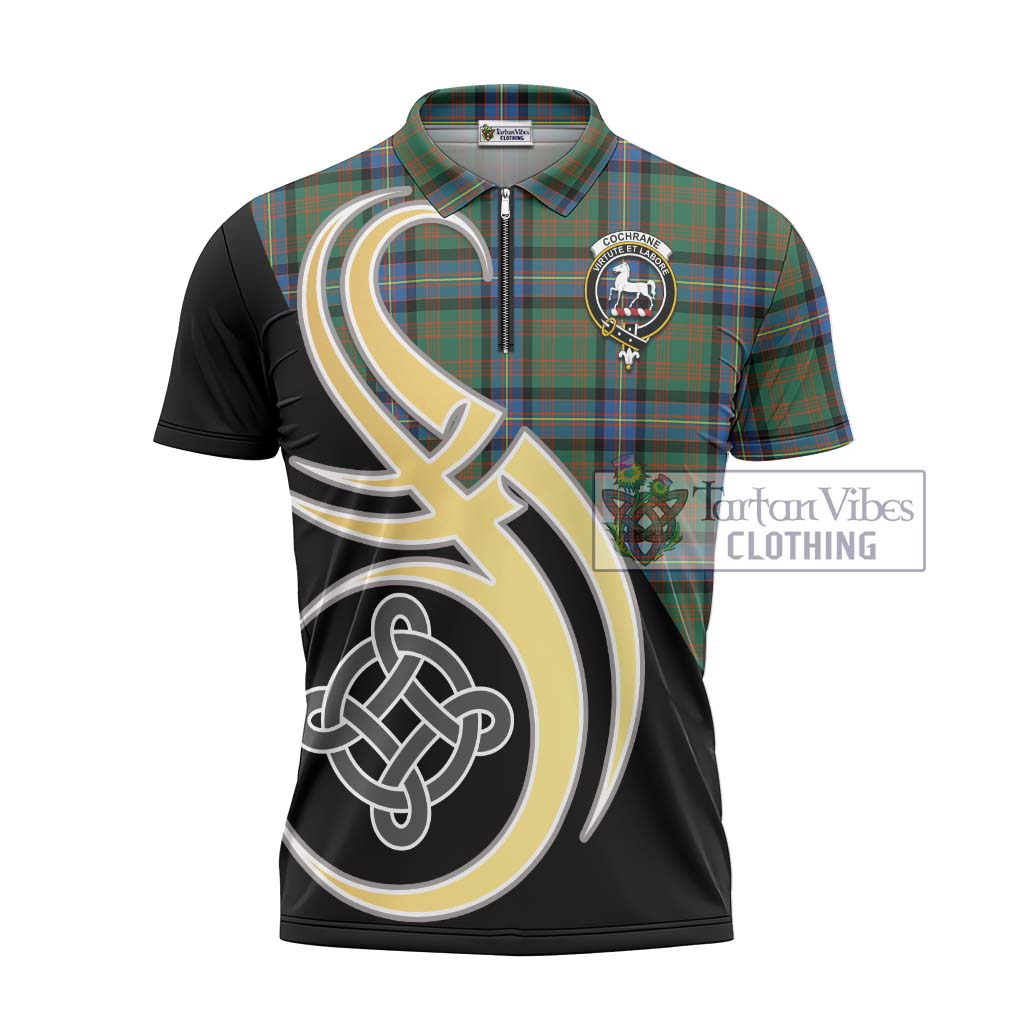 Tartan Vibes Clothing Cochrane Ancient Tartan Zipper Polo Shirt with Family Crest and Celtic Symbol Style