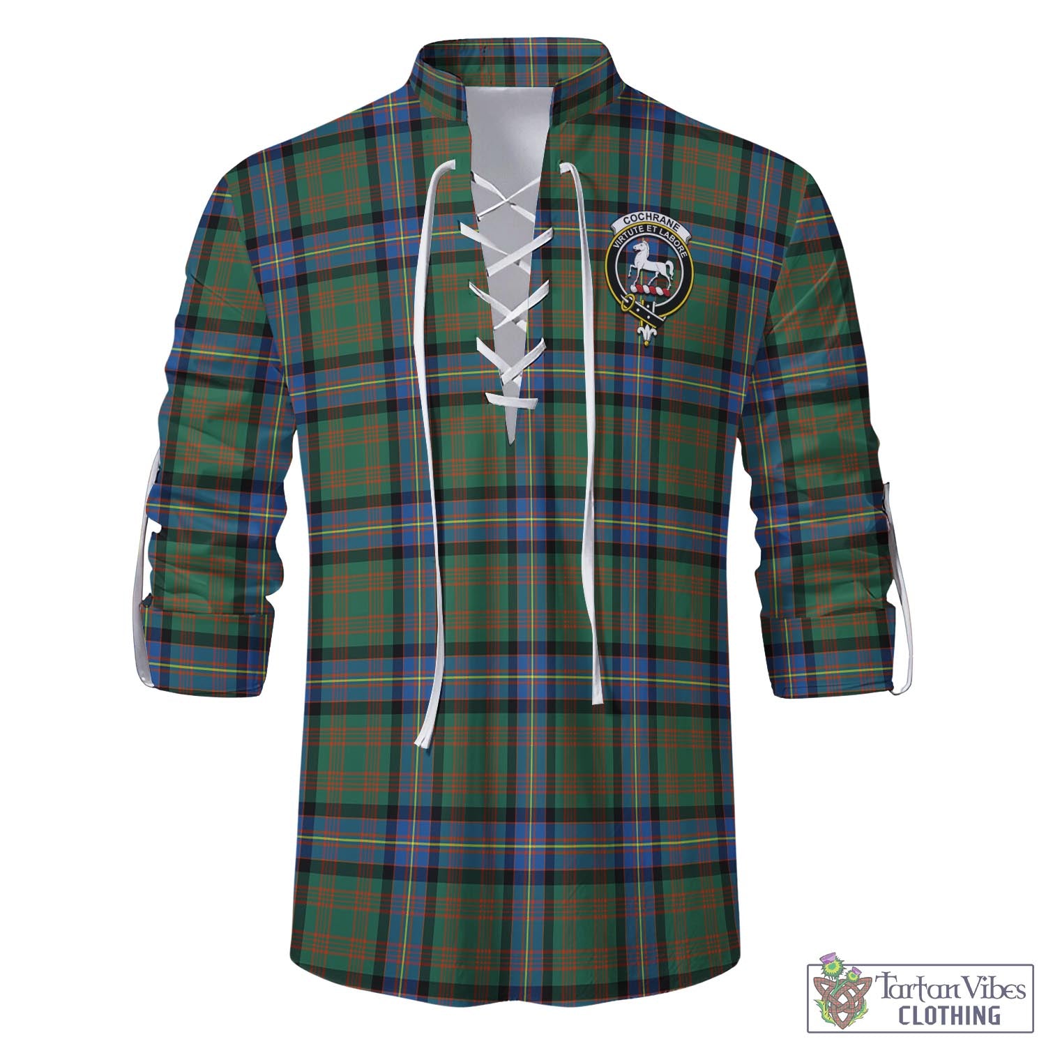 Tartan Vibes Clothing Cochrane Ancient Tartan Men's Scottish Traditional Jacobite Ghillie Kilt Shirt with Family Crest