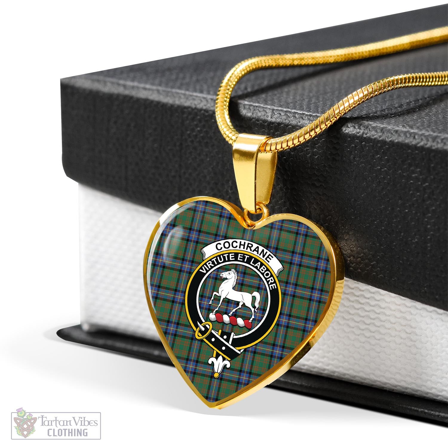 Tartan Vibes Clothing Cochrane Ancient Tartan Heart Necklace with Family Crest