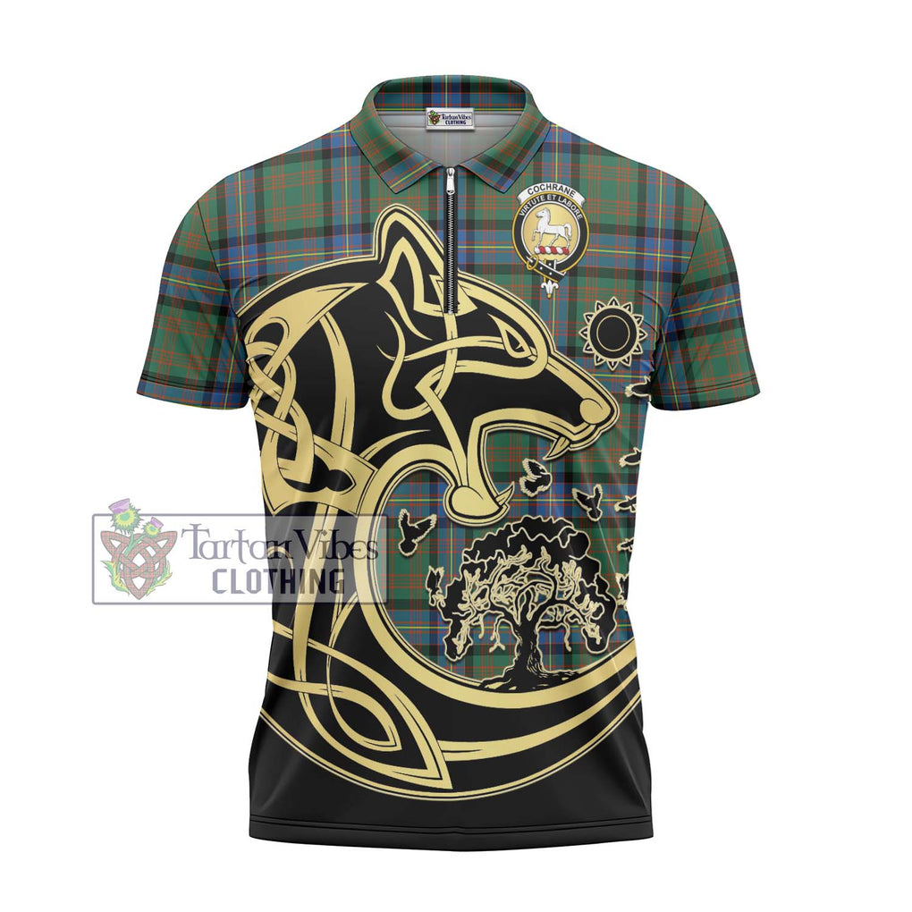 Cochrane Ancient Tartan Zipper Polo Shirt with Family Crest Celtic Wolf Style - Tartanvibesclothing Shop