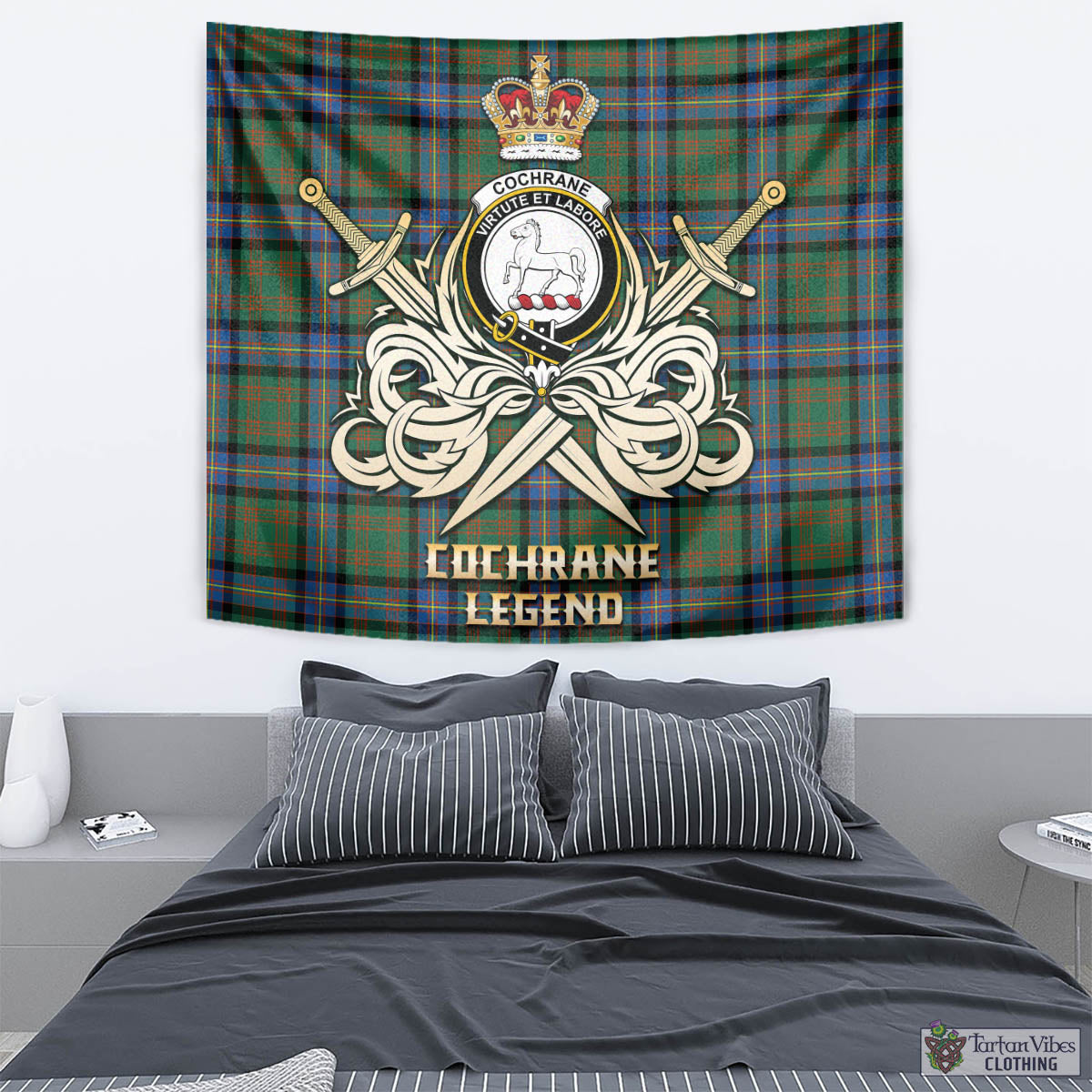 Tartan Vibes Clothing Cochrane Ancient Tartan Tapestry with Clan Crest and the Golden Sword of Courageous Legacy