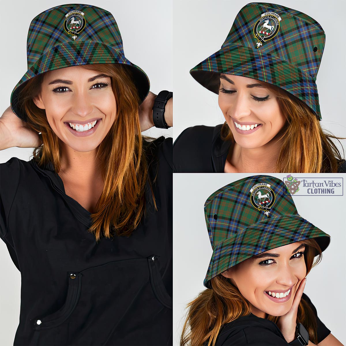 Tartan Vibes Clothing Cochrane Ancient Tartan Bucket Hat with Family Crest