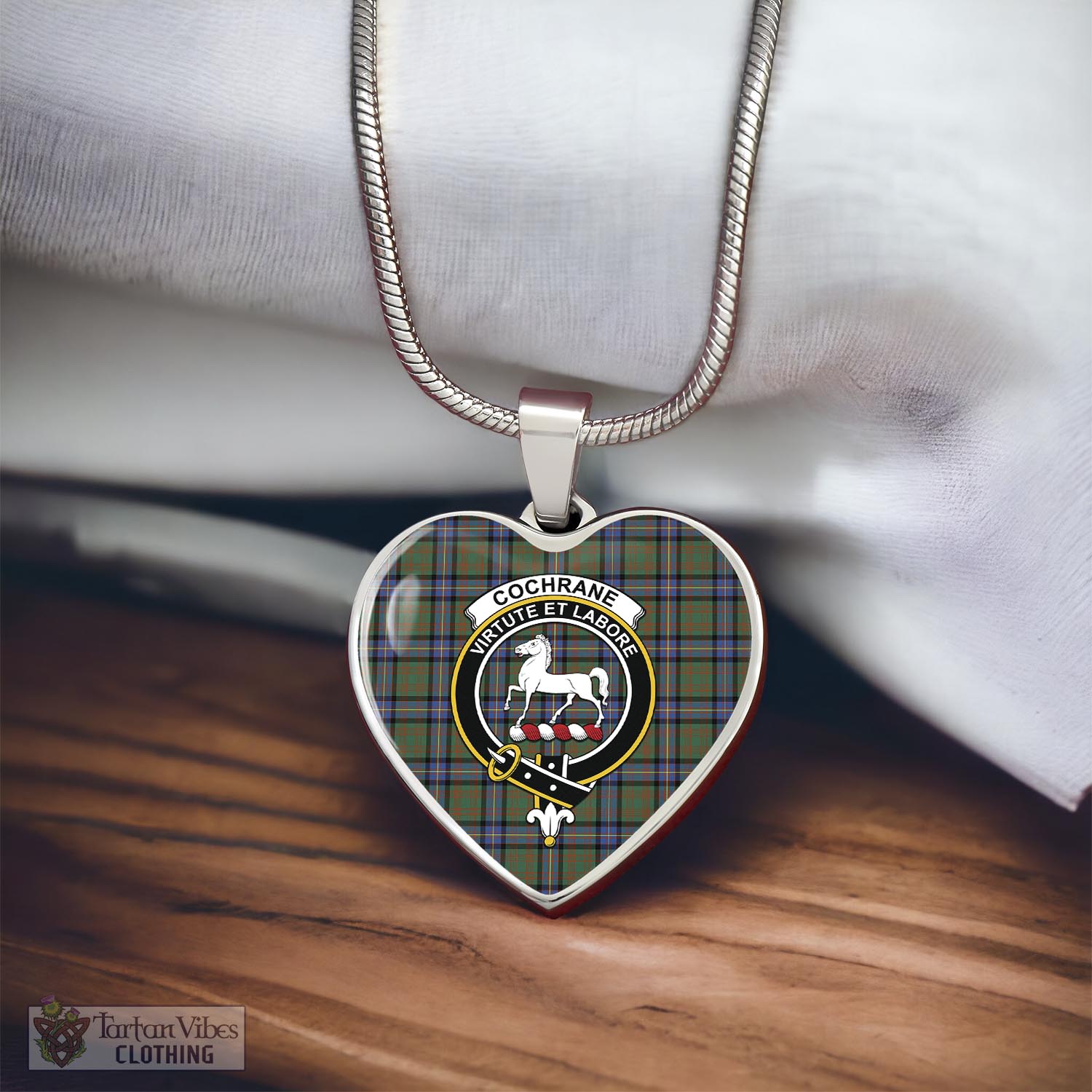 Tartan Vibes Clothing Cochrane Ancient Tartan Heart Necklace with Family Crest