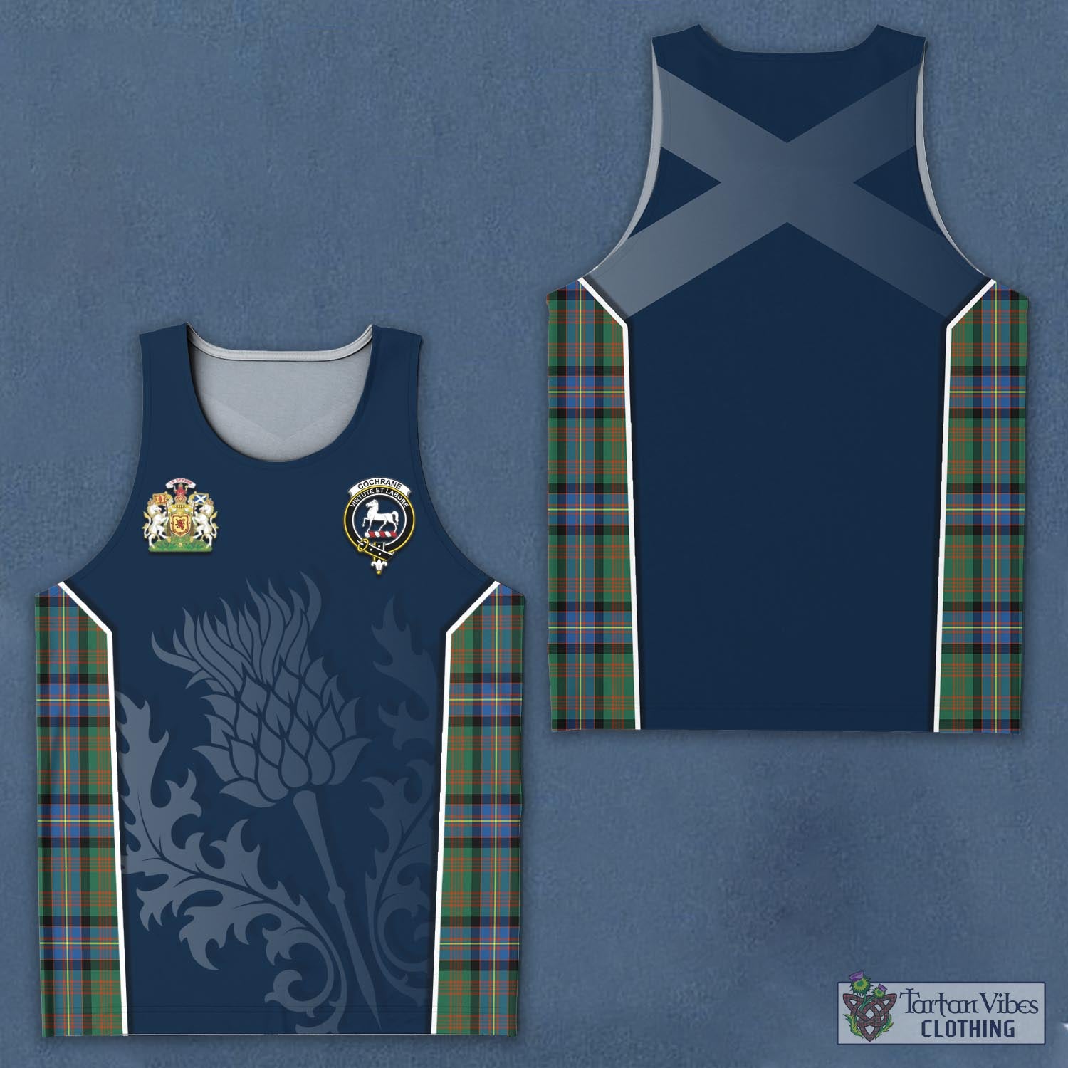 Tartan Vibes Clothing Cochrane Ancient Tartan Men's Tanks Top with Family Crest and Scottish Thistle Vibes Sport Style