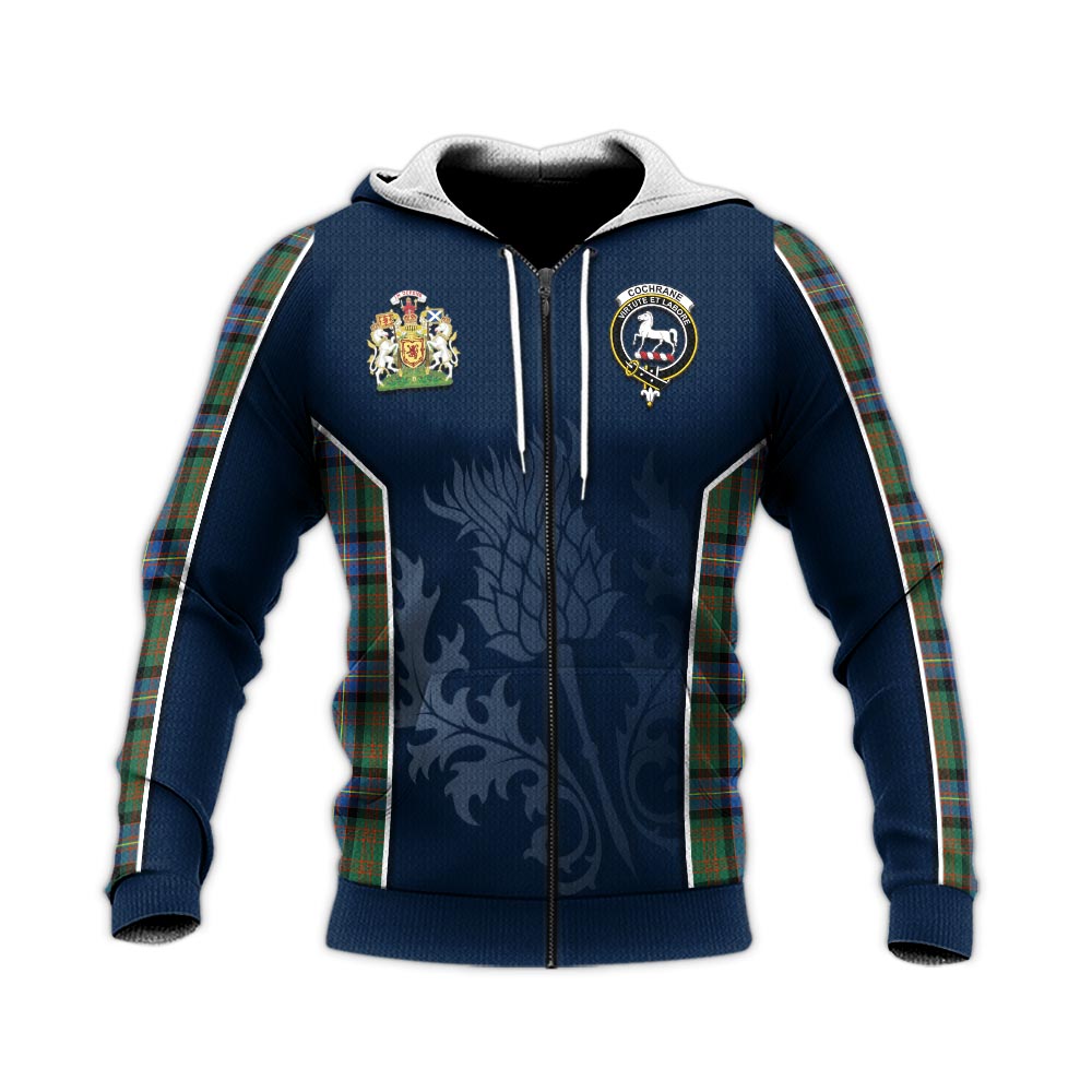 Tartan Vibes Clothing Cochrane Ancient Tartan Knitted Hoodie with Family Crest and Scottish Thistle Vibes Sport Style