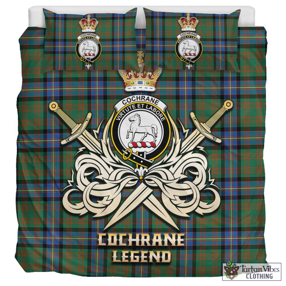 Tartan Vibes Clothing Cochrane Ancient Tartan Bedding Set with Clan Crest and the Golden Sword of Courageous Legacy