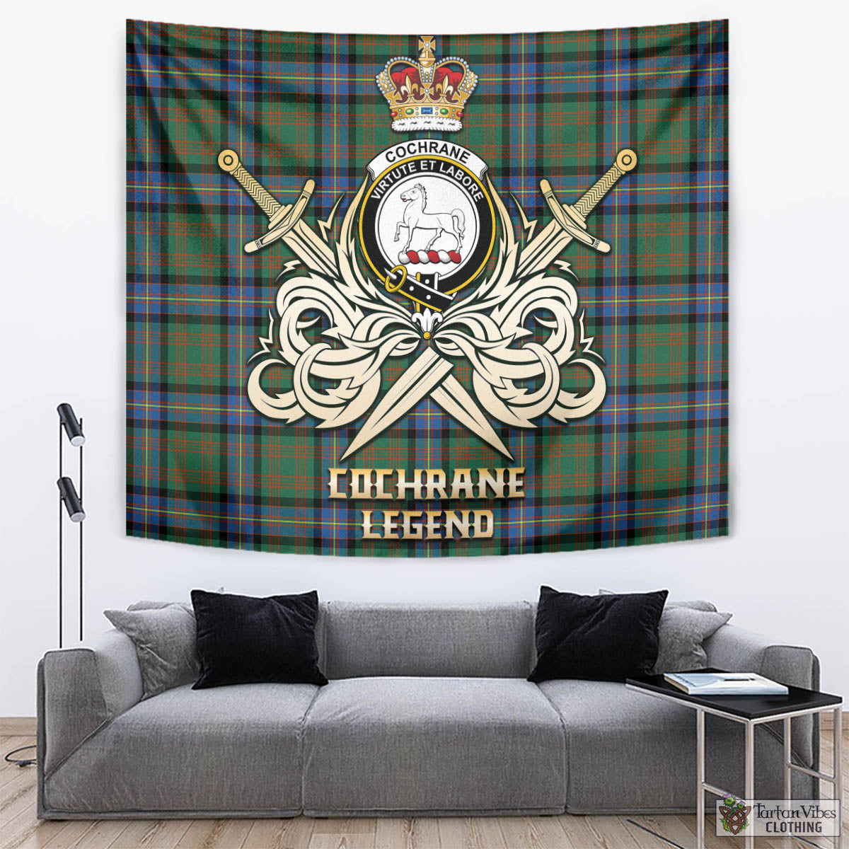 Tartan Vibes Clothing Cochrane Ancient Tartan Tapestry with Clan Crest and the Golden Sword of Courageous Legacy