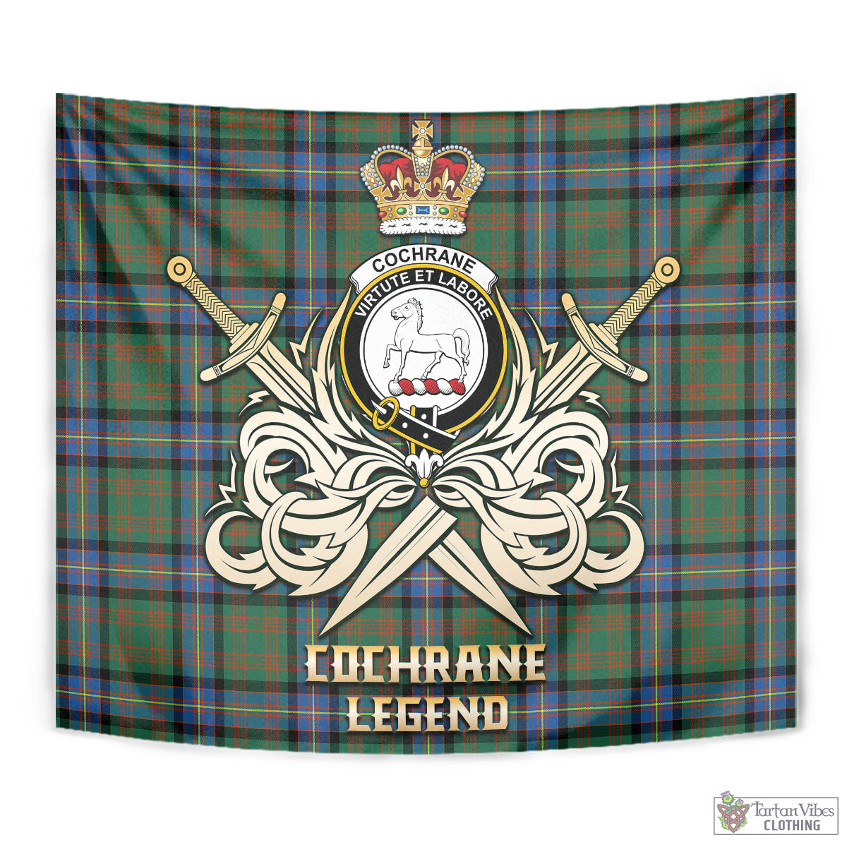 Tartan Vibes Clothing Cochrane Ancient Tartan Tapestry with Clan Crest and the Golden Sword of Courageous Legacy