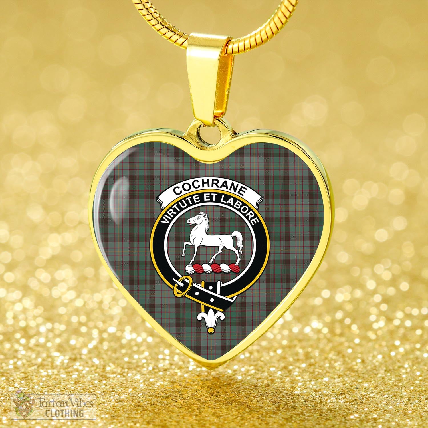 Tartan Vibes Clothing Cochrane Hunting Tartan Heart Necklace with Family Crest