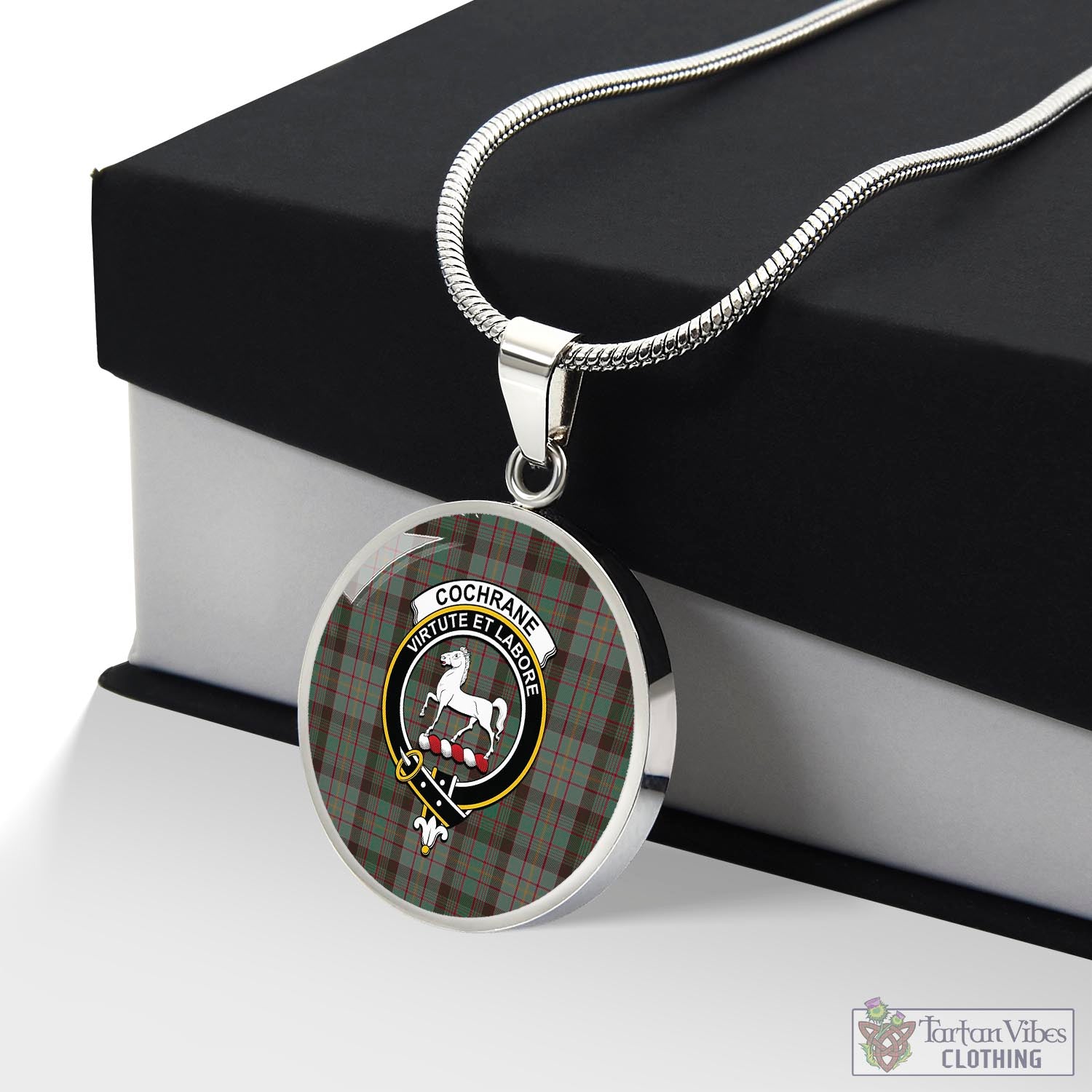 Tartan Vibes Clothing Cochrane Hunting Tartan Circle Necklace with Family Crest