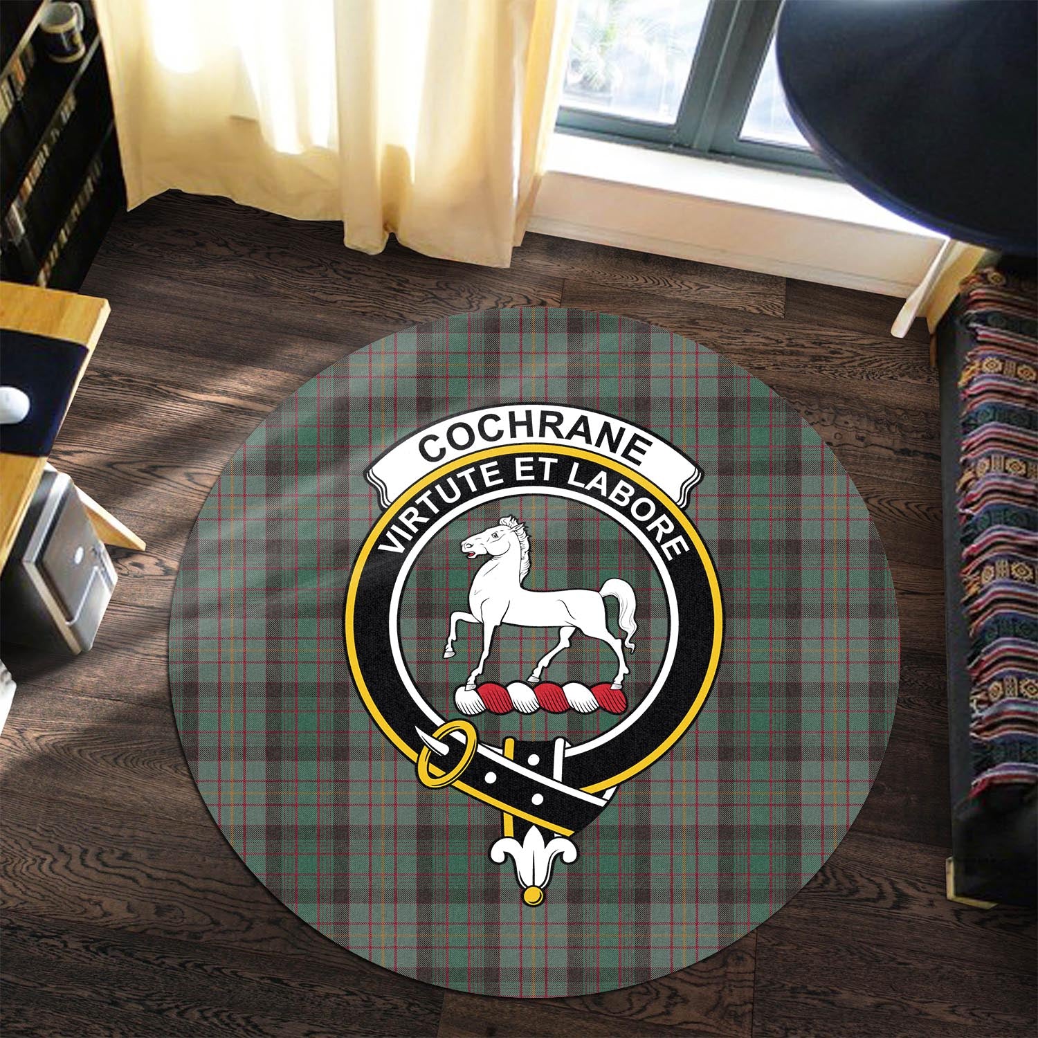 Cochrane Hunting Tartan Round Rug with Family Crest - Tartanvibesclothing