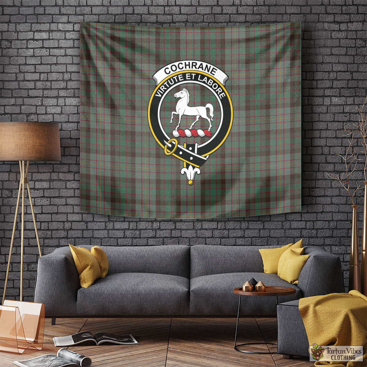 Tartan Vibes Clothing Cochrane Hunting Tartan Tapestry Wall Hanging and Home Decor for Room with Family Crest