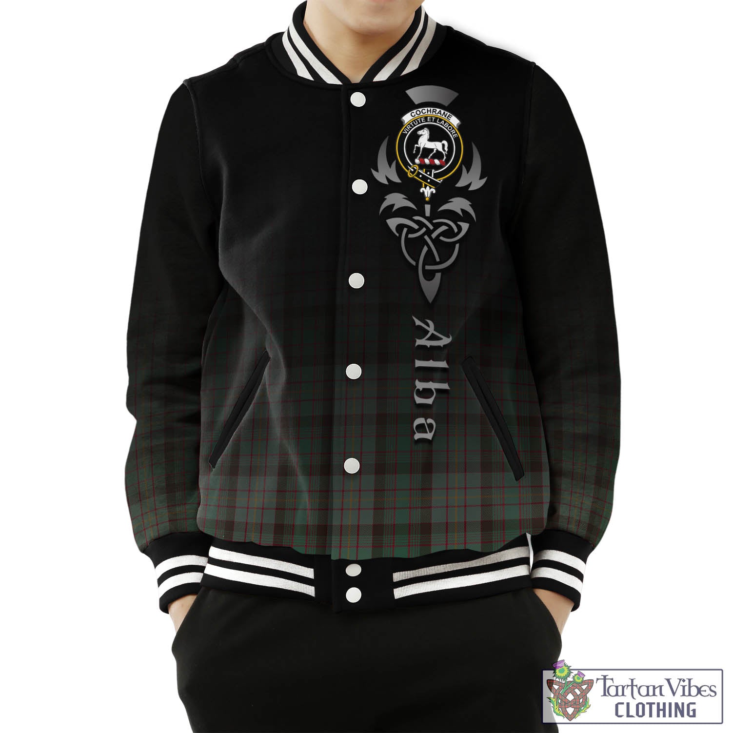 Tartan Vibes Clothing Cochrane Hunting Tartan Baseball Jacket Featuring Alba Gu Brath Family Crest Celtic Inspired