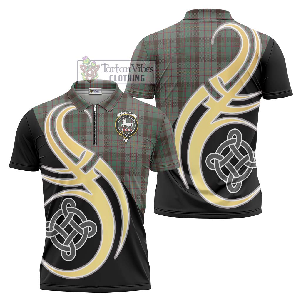 Tartan Vibes Clothing Cochrane Hunting Tartan Zipper Polo Shirt with Family Crest and Celtic Symbol Style