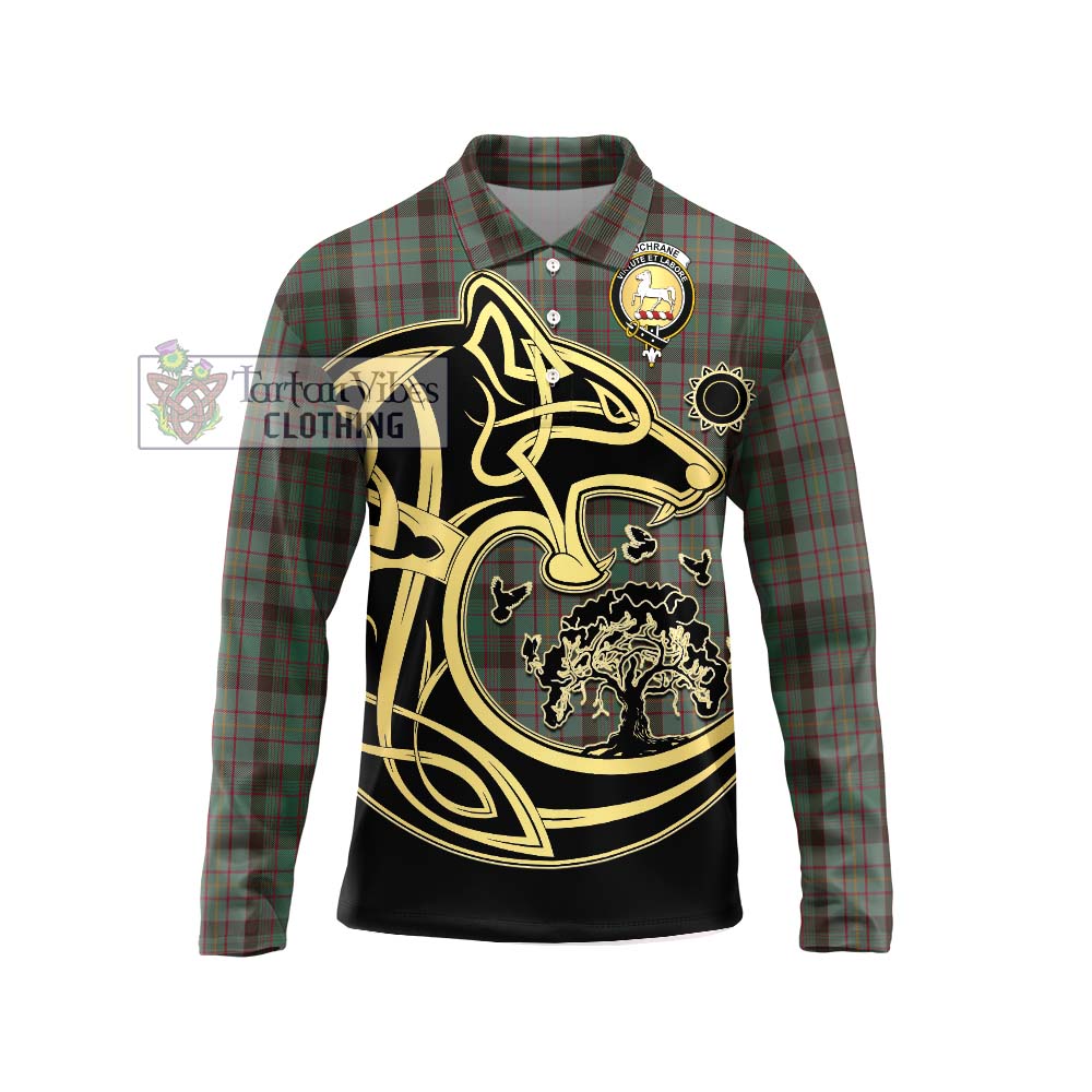 Cochrane Hunting Tartan Long Sleeve Polo Shirt with Family Crest Celtic Wolf Style Unisex - Tartanvibesclothing Shop